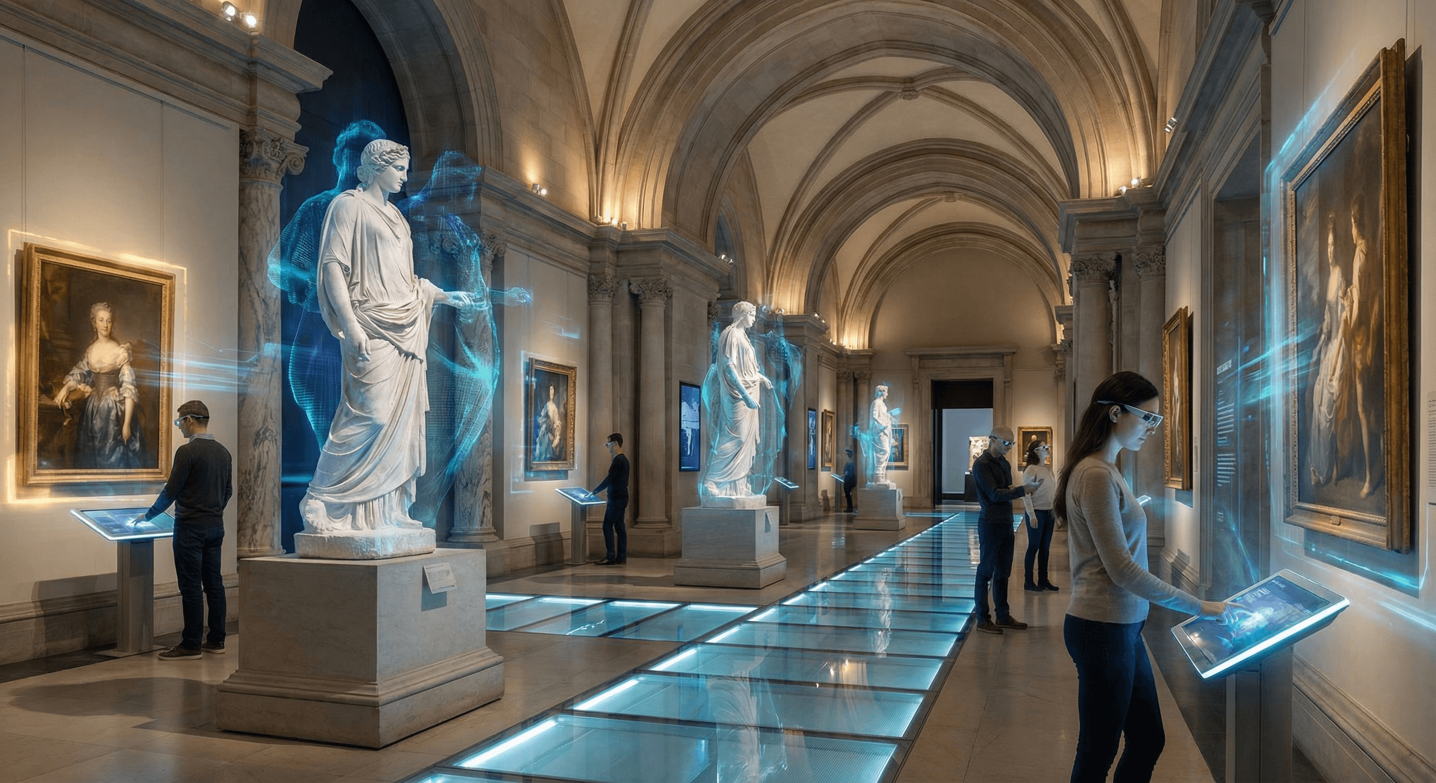 Museo hibrido con visitantes y capas digitales superpuestas